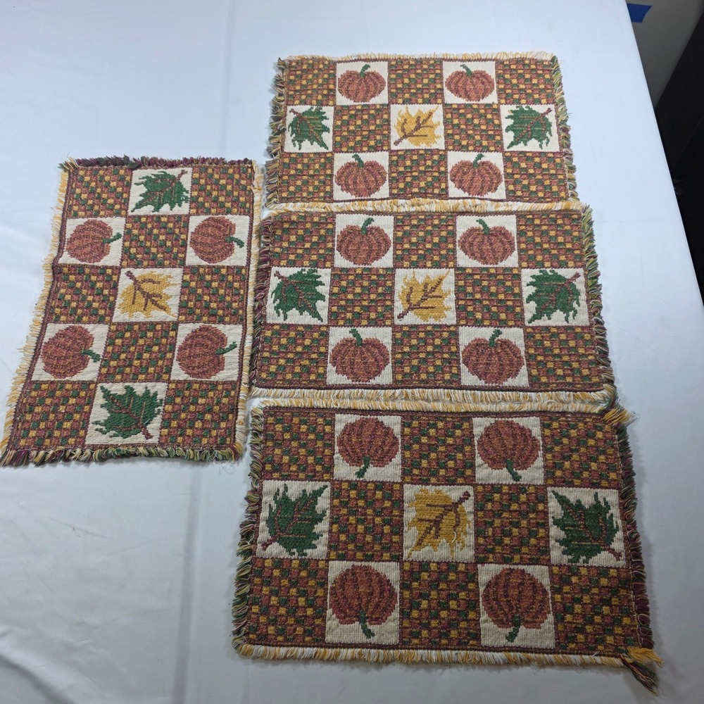 Set of 4 Fall Harvest Woven Tapestry Placemats Pumpkin Leaf Patchwork Fringed